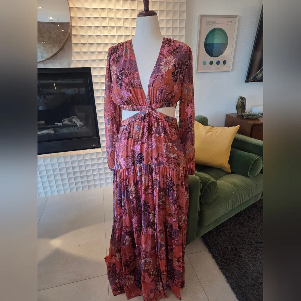 A.L.C. Isabelle Silk Floral Maxi Dress NWT, Long Sleeves, Cutout Midriff Size 12 - Picture 4 of 9